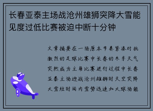 长春亚泰主场战沧州雄狮突降大雪能见度过低比赛被迫中断十分钟 长春亚泰主场战沧州雄狮突降大雪能见度过低比赛被迫中断十分钟